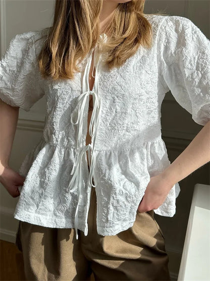 Flower Ruched Front Tie-Up Blouse