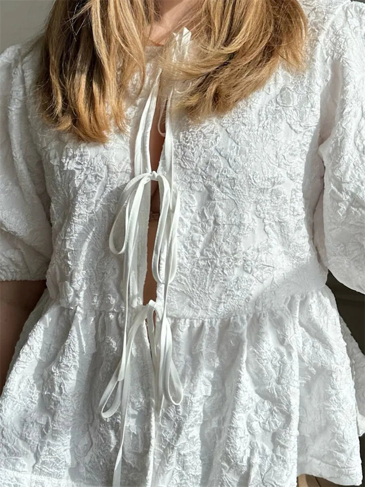 Flower Ruched Front Tie-Up Blouse