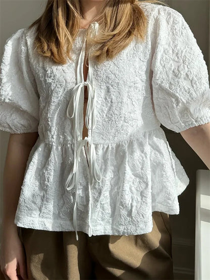 Flower Ruched Front Tie-Up Blouse