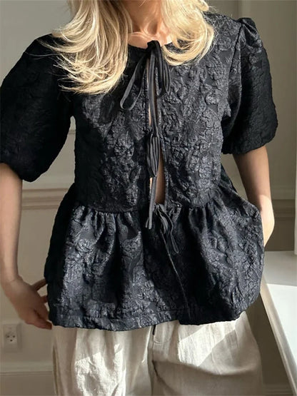 Flower Ruched Front Tie-Up Blouse