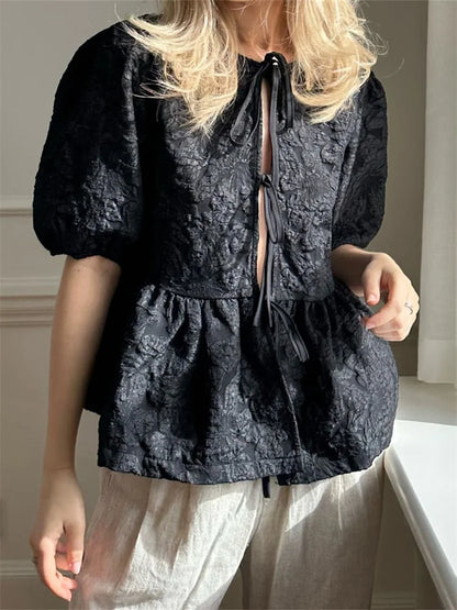 Flower Ruched Front Tie-Up Blouse