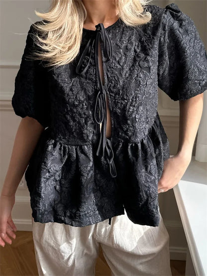 Flower Ruched Front Tie-Up Blouse