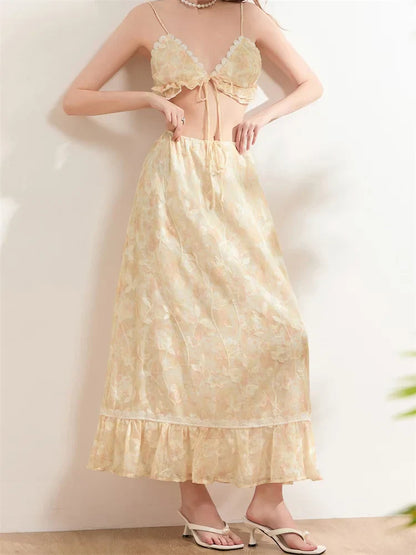 Backless Tie-up Camisoles Crop Top with Long Skirts Set