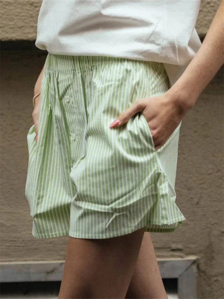Striped Button High Waist Short