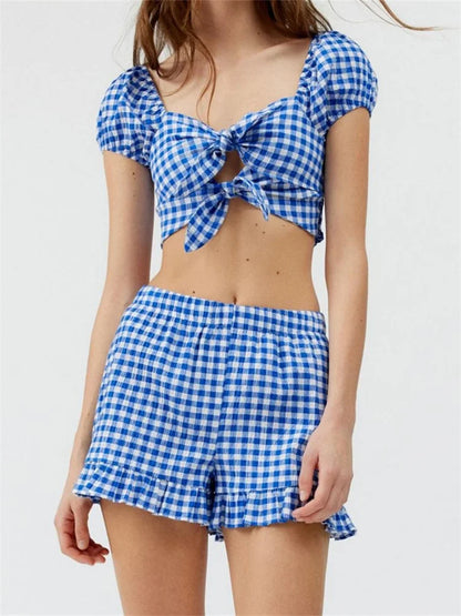 Plaid Print Knotted Short Sleeve T-shirt Crop Top with Elastic Waist Shorts Set