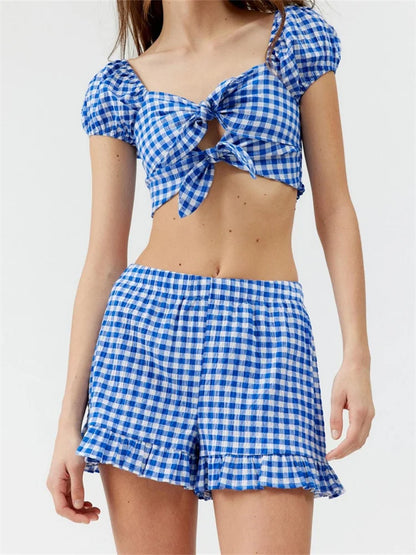 Plaid Print Knotted Short Sleeve T-shirt Crop Top with Elastic Waist Shorts Set