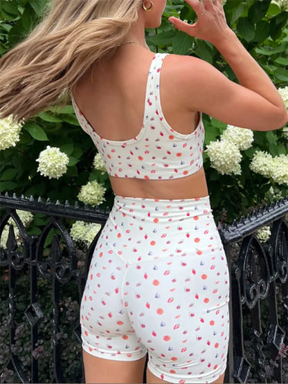 Slim Fit Fruit Bow Print Sleeveless Camis Crop Top with Bodycon Biker Shorts Set