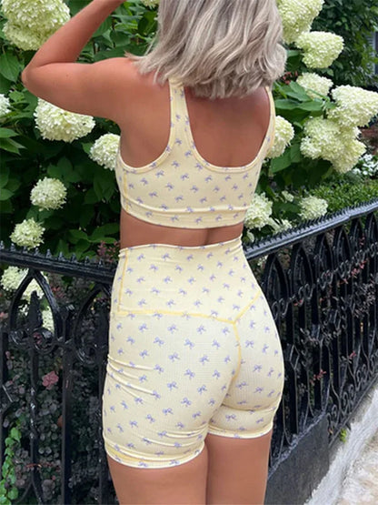 Slim Fit Fruit Bow Print Sleeveless Camis Crop Top with Bodycon Biker Shorts Set
