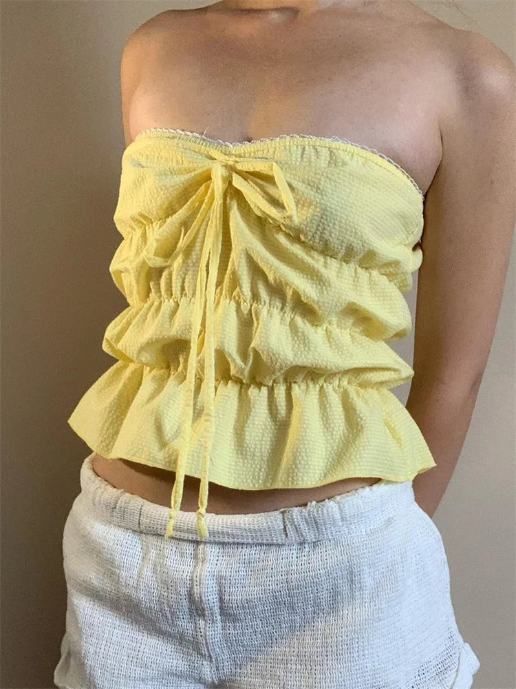 Strapless Plaid Ruched Backless Tube Crop Top