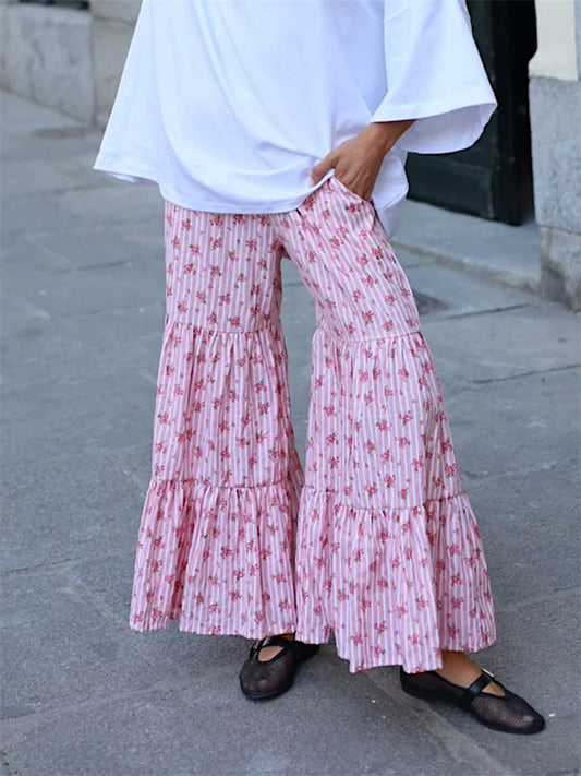 Flared Striped Floral Elastic High Waist Pant