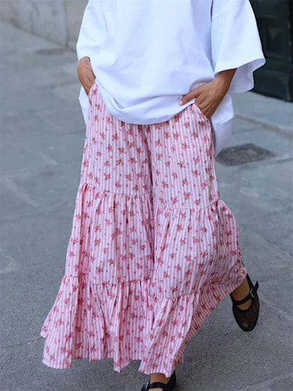 Flared Striped Floral Elastic High Waist Pant