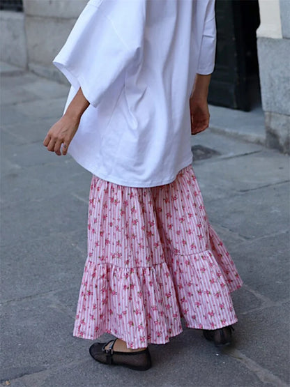 Flared Striped Floral Elastic High Waist Pant