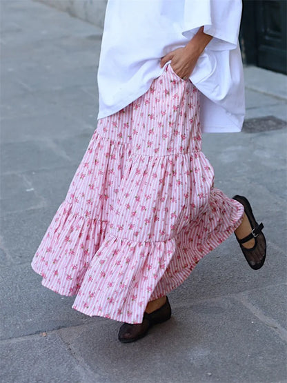 Flared Striped Floral Elastic High Waist Pant