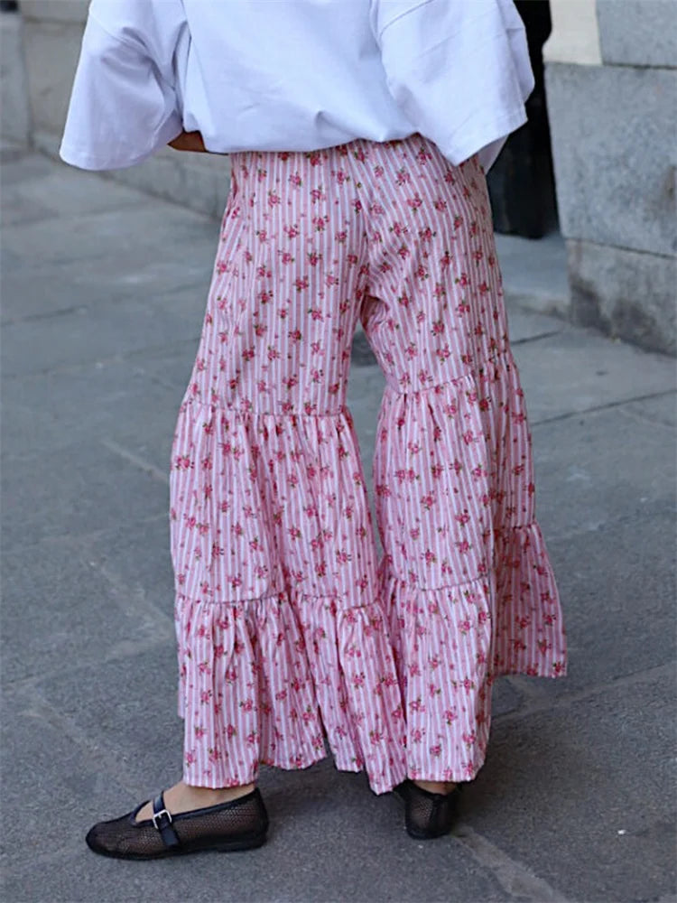 Flared Striped Floral Elastic High Waist Pant