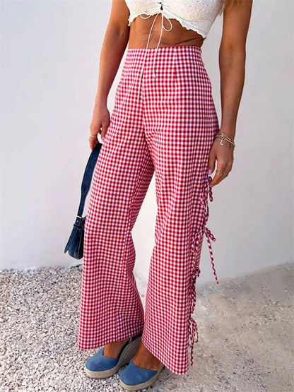 Plaid Print Lace-Up Side Hollow Casual Wide Pant
