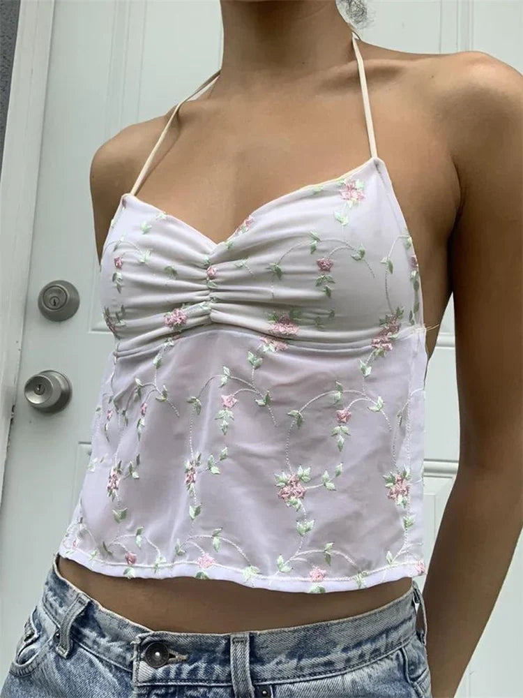 Y2K Floral Backless Tie-up Halter Crop Top