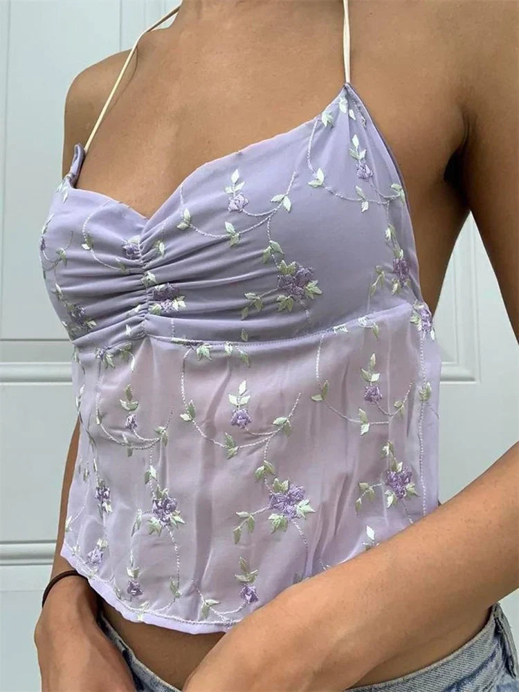Y2K Floral Backless Tie-up Halter Crop Top