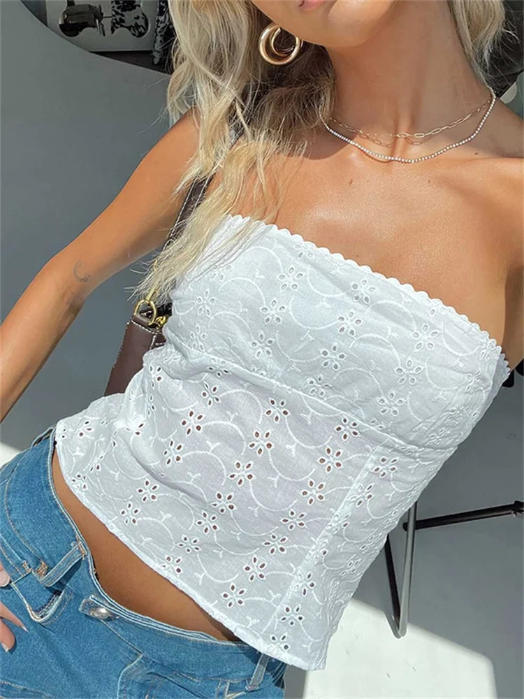 Floral Hollow-out Strapless Off-shoulder Tube Top