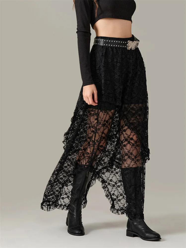 Y2K Lace Mesh See Through High Waist Asymmetrical Skirt