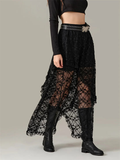 Y2K Lace Mesh See Through High Waist Asymmetrical Skirt