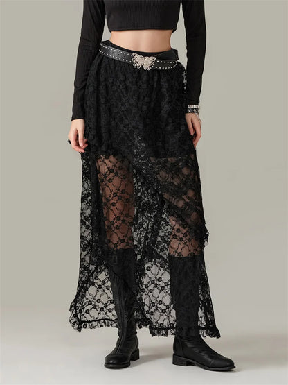 Y2K Lace Mesh See Through High Waist Asymmetrical Skirt