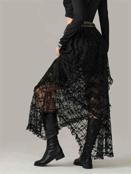 Y2K Lace Mesh See Through High Waist Asymmetrical Skirt