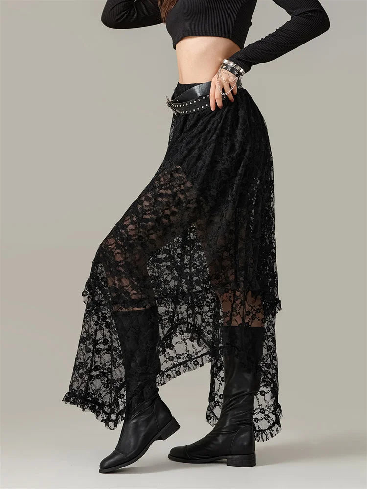 Y2K Lace Mesh See Through High Waist Asymmetrical Skirt