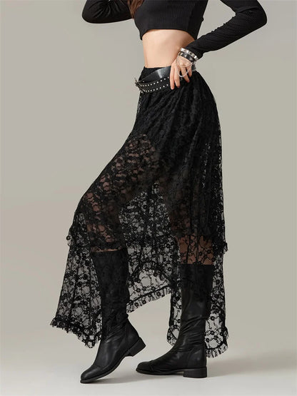 Y2K Lace Mesh See Through High Waist Asymmetrical Skirt