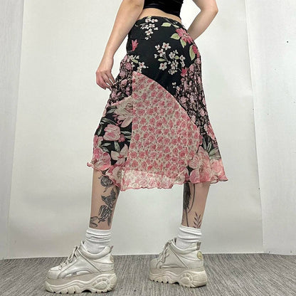 Chic Floral Print Low Rise Patchwork Skirt