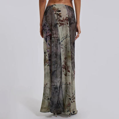 Retro Floral Print Long Patchwork Mesh Low Rise Skirt