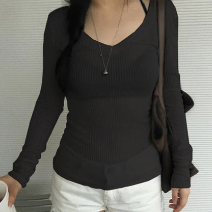 Slim-fitting Crop Top Micro-transparent V-neck Smock T-shirt Women