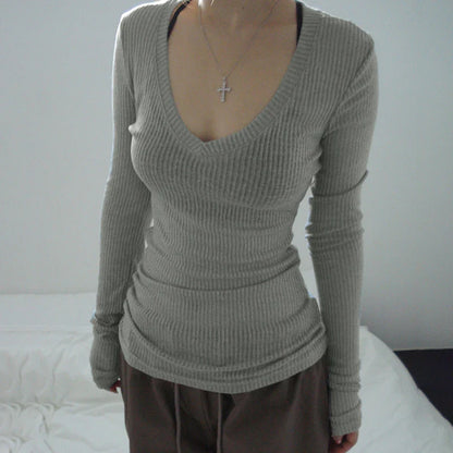 Slim-fitting Crop Top Micro-transparent V-neck Smock T-shirt Women