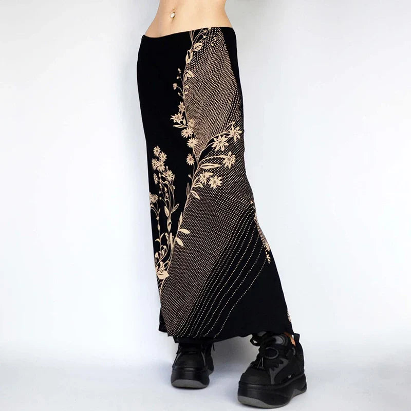 Floral Print Long Retro Low Rise Straight Midi Skirt