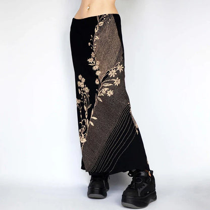 Floral Print Long Retro Low Rise Straight Midi Skirt