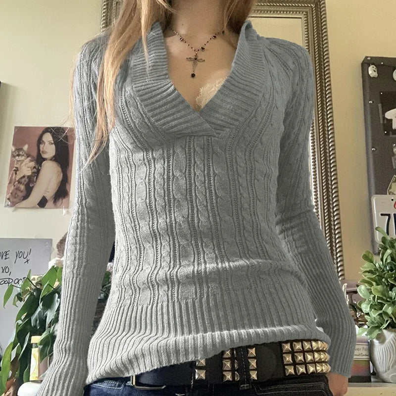 Cable Knitted Slim Fit Hooded Sweater Long Sleeve V Neck Women