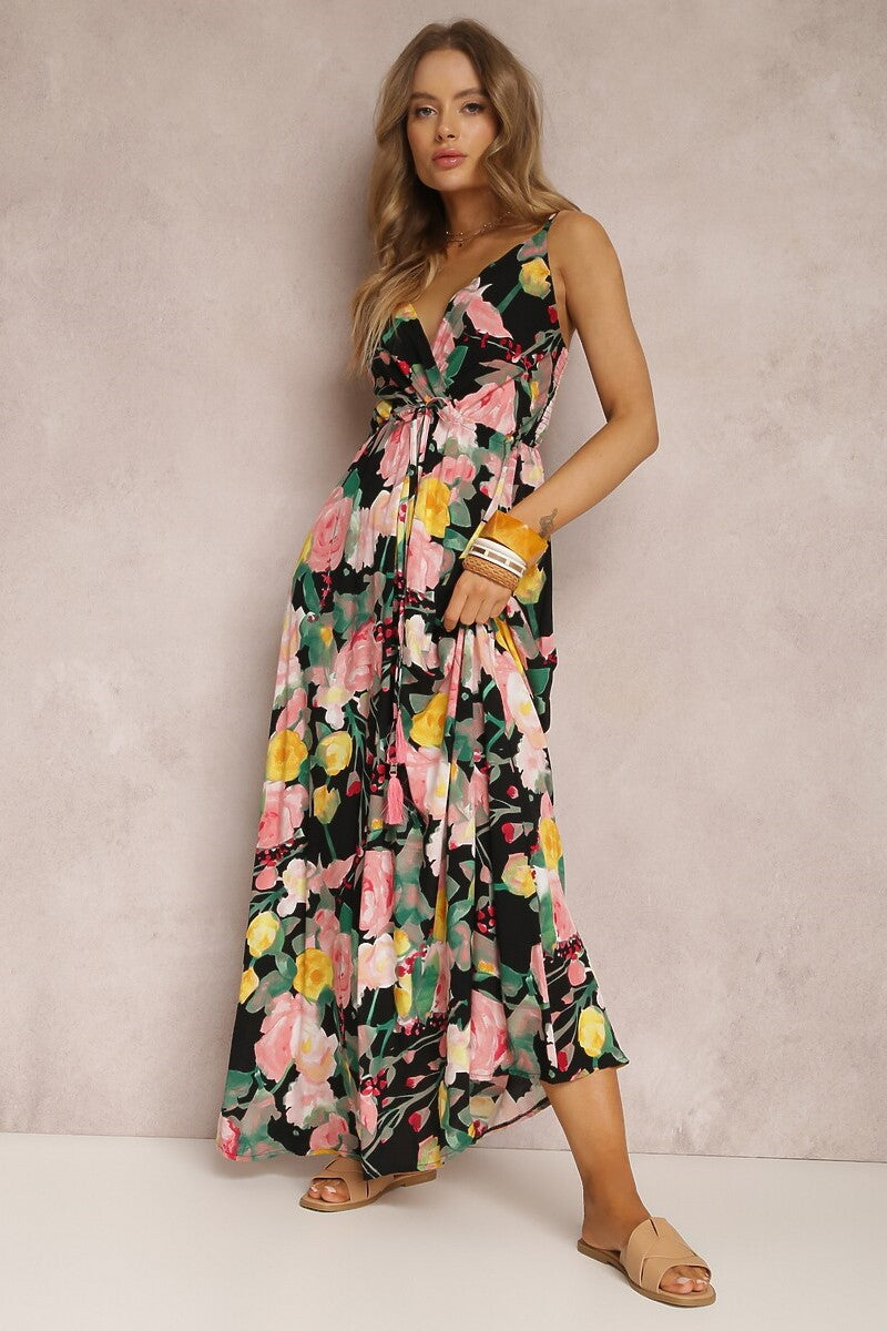 Floral V-Neck Sleeveless Backless Maxi Dress Black