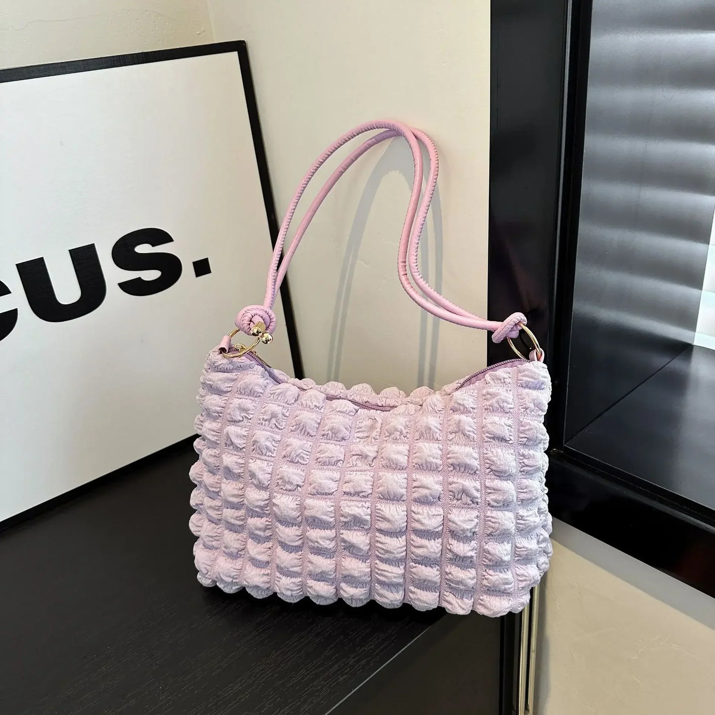 Canvas Pleated Shoulder Quilted Tote Bag