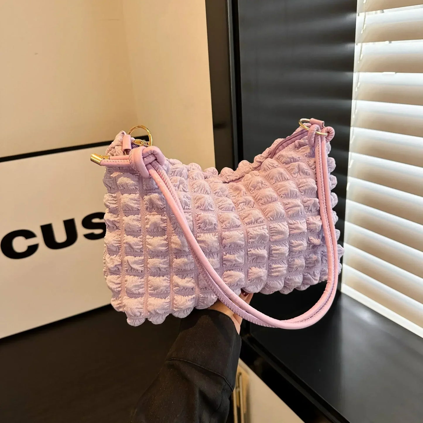 Canvas Pleated Shoulder Quilted Tote Bag