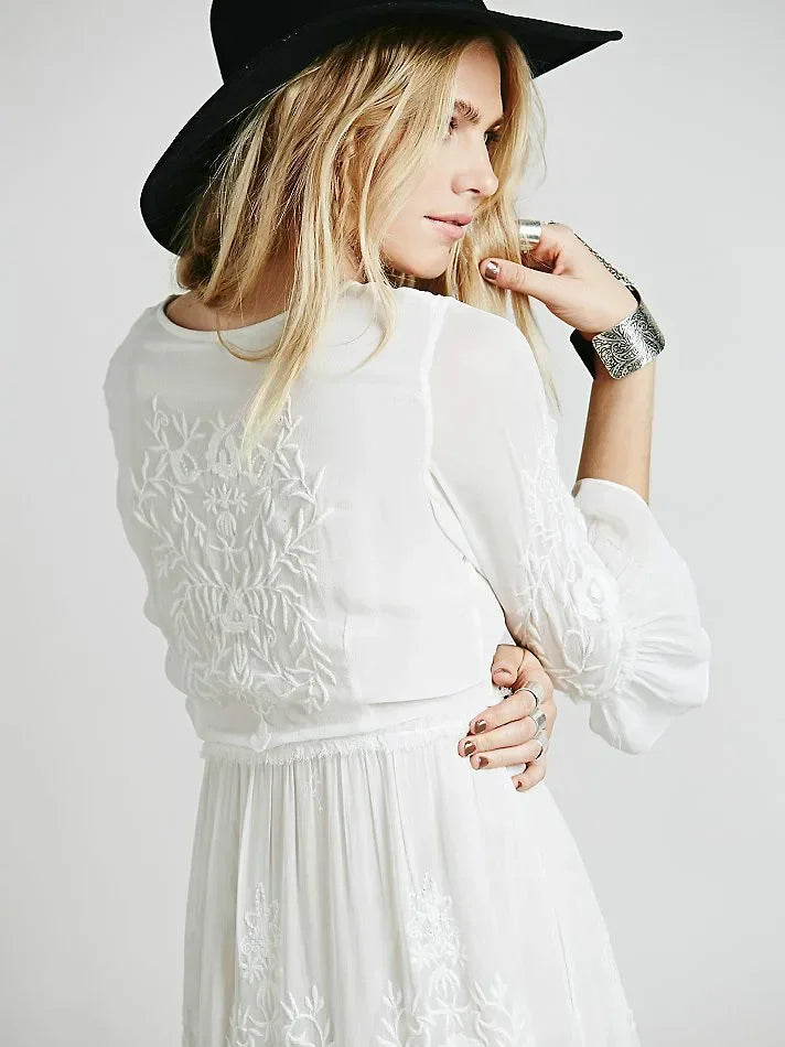 Button Down Hollow Embroidery High Waist Boho Dress