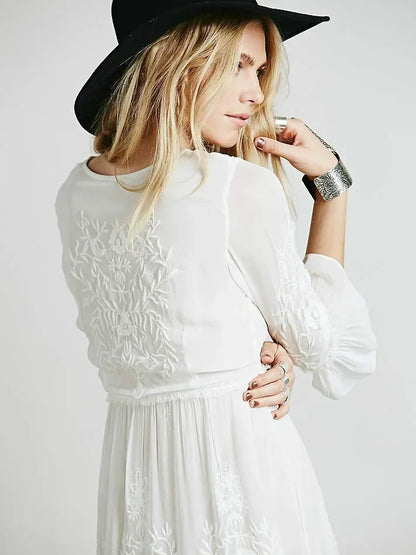 Button Down Hollow Embroidery High Waist Boho Dress