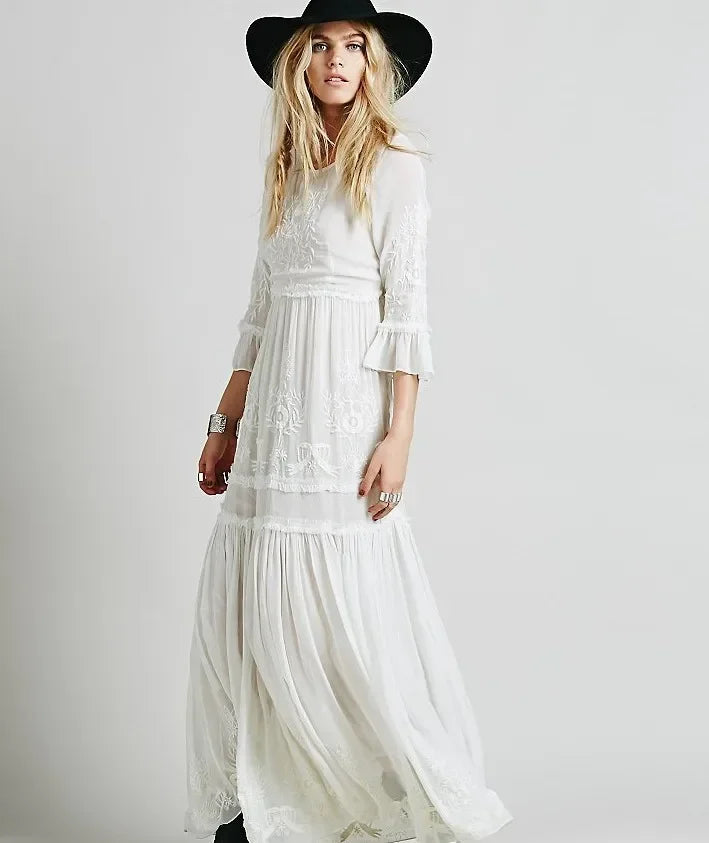Button Down Hollow Embroidery High Waist Boho Dress