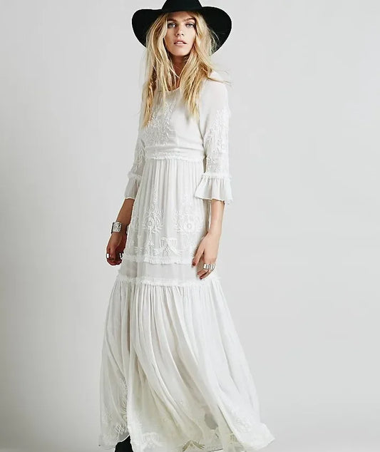 Button Down Hollow Embroidery High Waist Boho Dress