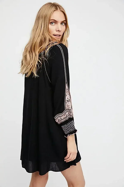 Floral Embroidered Tassel Oversized Cotton Boho Dress