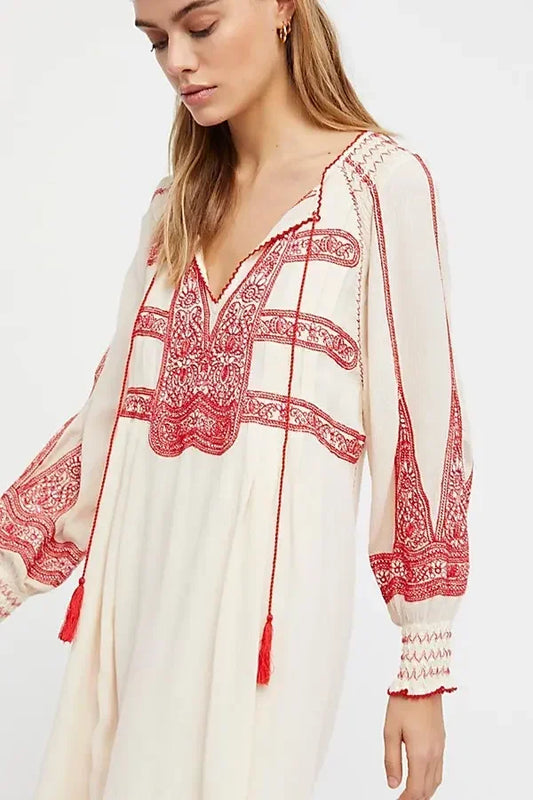Floral Embroidered Tassel Oversized Cotton Boho Dress