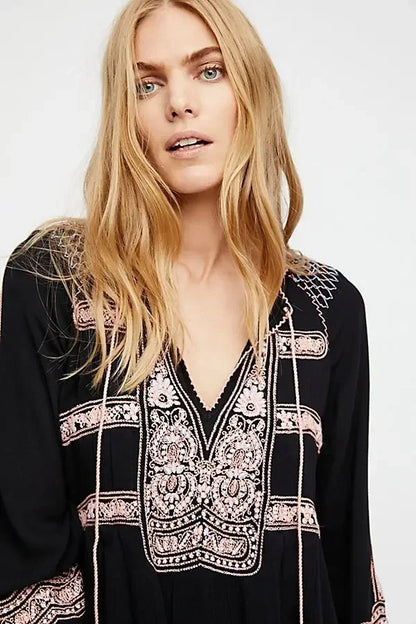 Floral Embroidered Tassel Oversized Cotton Boho Dress