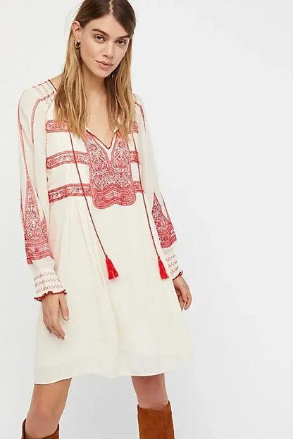 Floral Embroidered Tassel Oversized Cotton Boho Dress