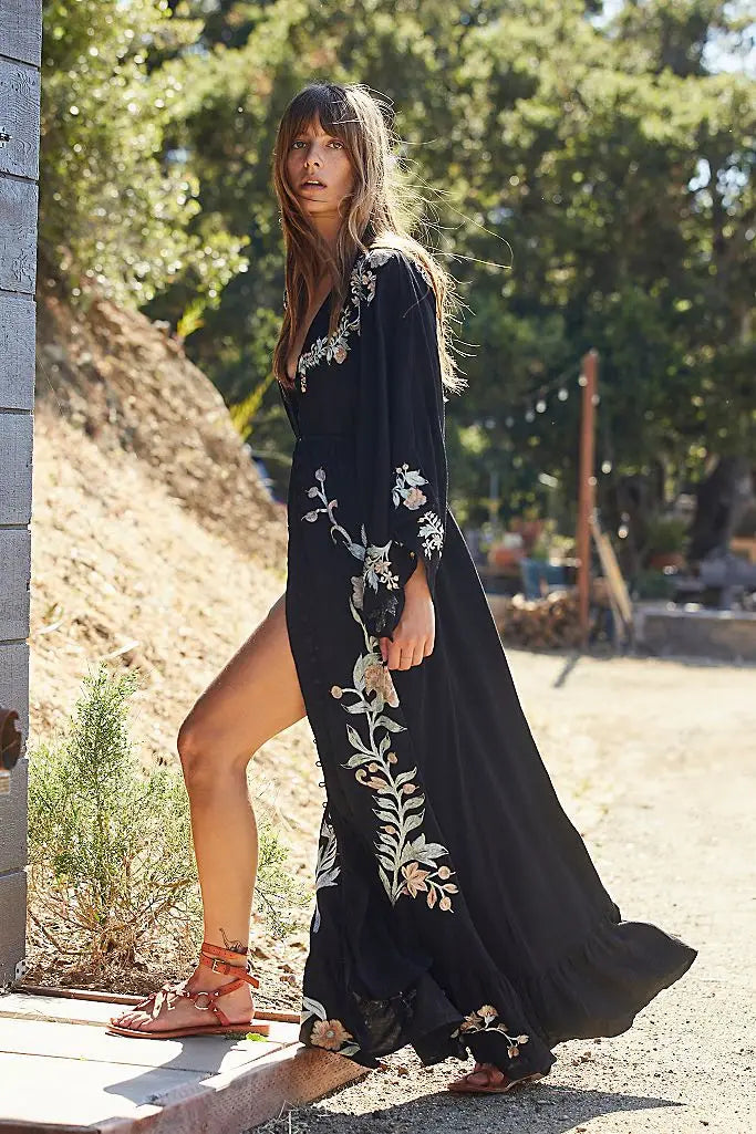 Floral Embroidery Backless Strapless Cotton Boho Dress