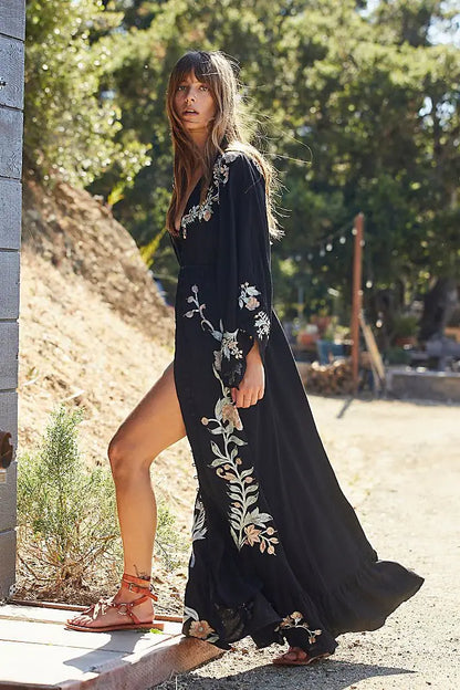 Floral Embroidery Backless Strapless Cotton Boho Dress