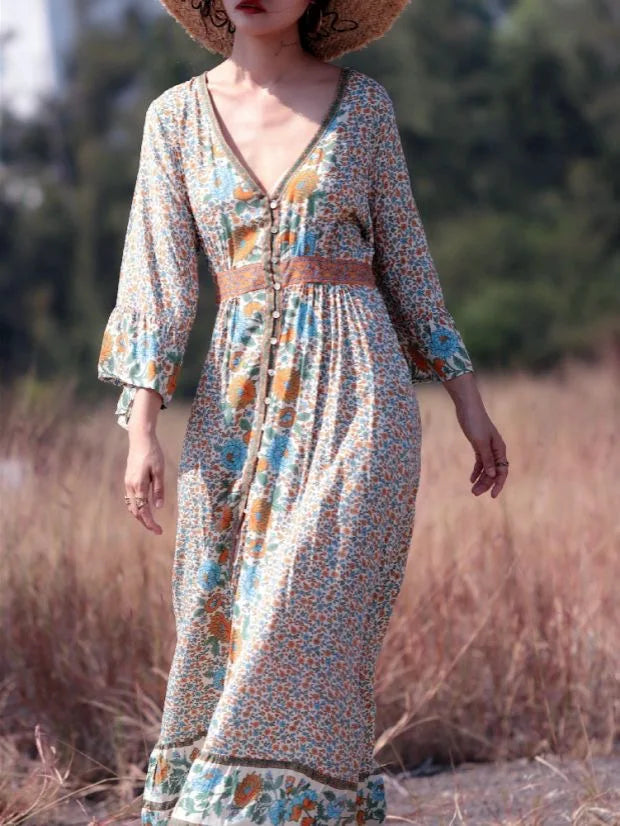 Flare Sleeve Button Down Printing Chic Boho Dress