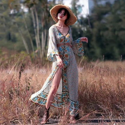 Flare Sleeve Button Down Printing Chic Boho Dress